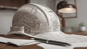Certidão Negativa de Débito de Obra sendo segurada sobre mesa com capacete de engenharia, simbolizando regularização de construção.