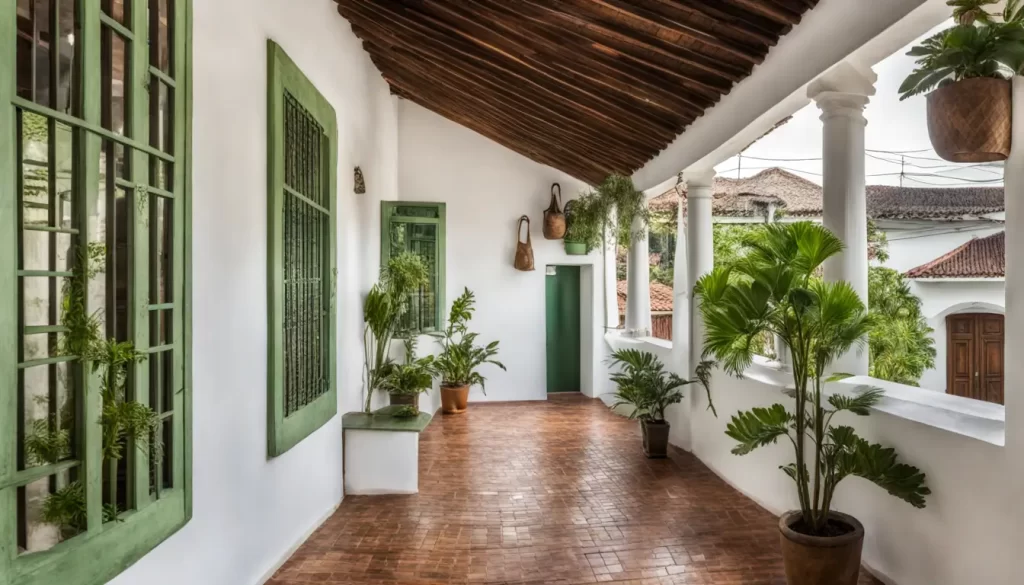 Arquiteto com plantas de construção ao lado de casa colonial antiga para regularização de averbação, sob céu azul claro.