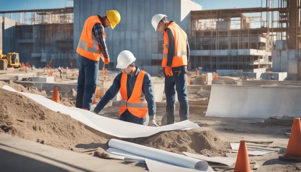 Trabalhadores em um canteiro de obras com equipamentos de segurança e um sinal do INSS, ao lado de um documento de CND, sob céu azul.